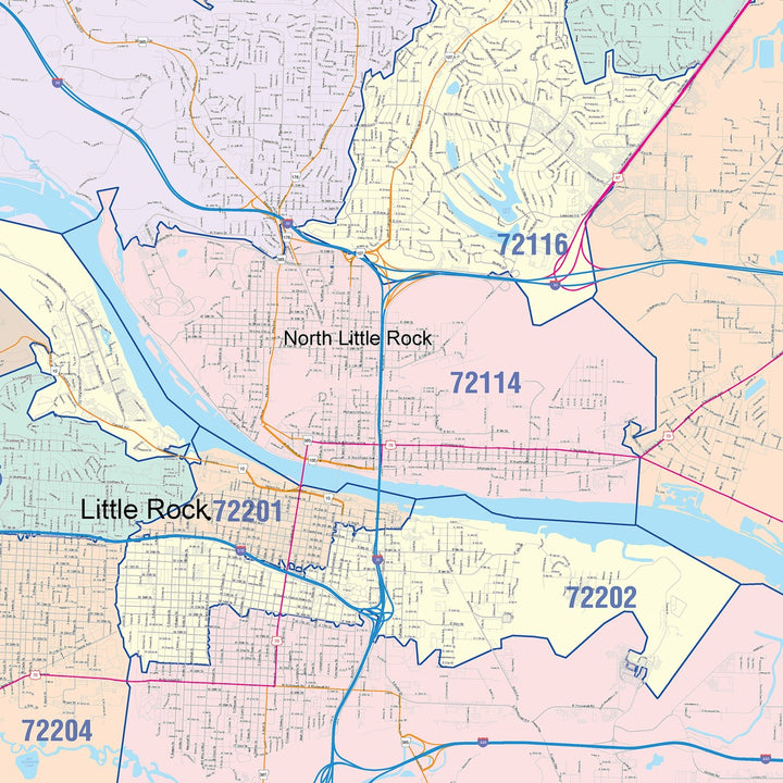 Color Cast Zip Code Style Wall Map of North Little Rock, AR