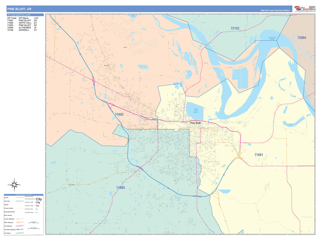 Color Cast Zip Code Style Wall Map of Pine Bluff, AR