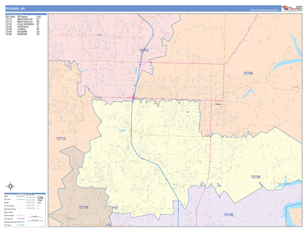 Color Cast Zip Code Style Wall Map of Rogers, AR