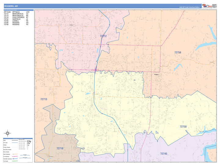 Color Cast Zip Code Style Wall Map of Rogers, AR