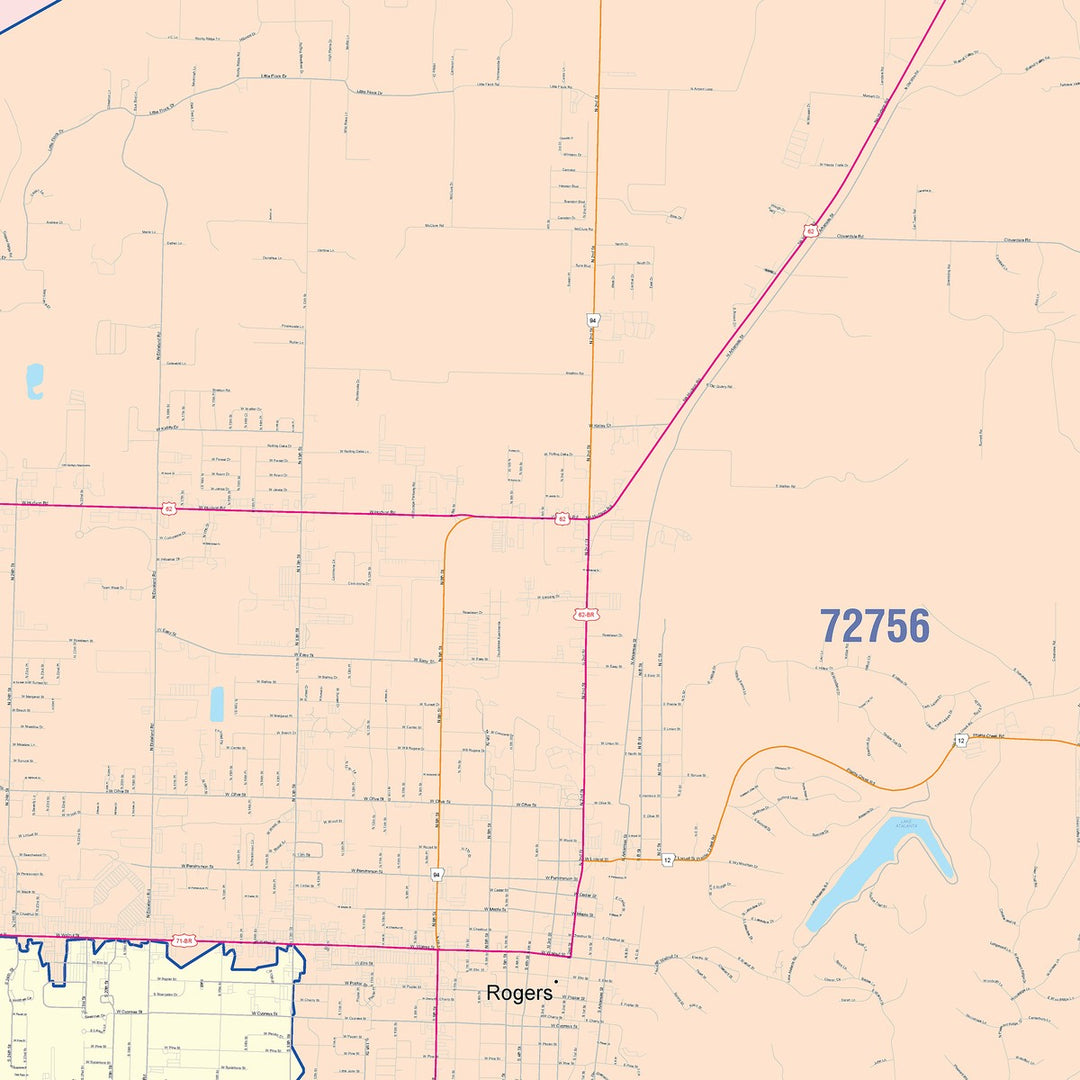 Color Cast Zip Code Style Wall Map of Rogers, AR
