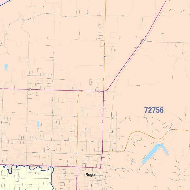 Color Cast Zip Code Style Wall Map of Rogers, AR