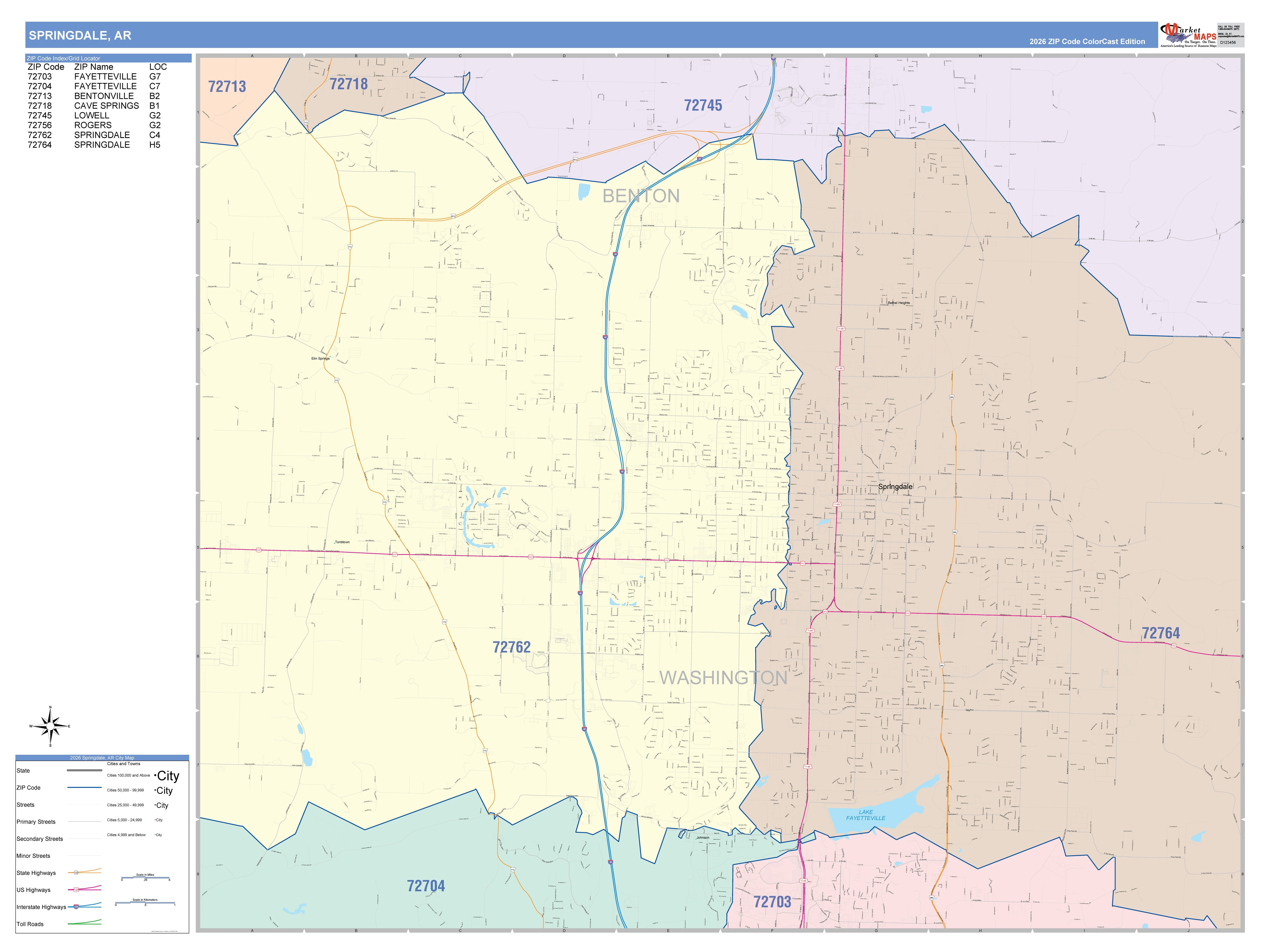 Color Cast Zip Code Style Wall Map of Springdale, AR – American Map Store
