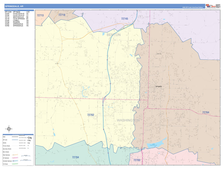 Color Cast Zip Code Style Wall Map of Springdale, AR