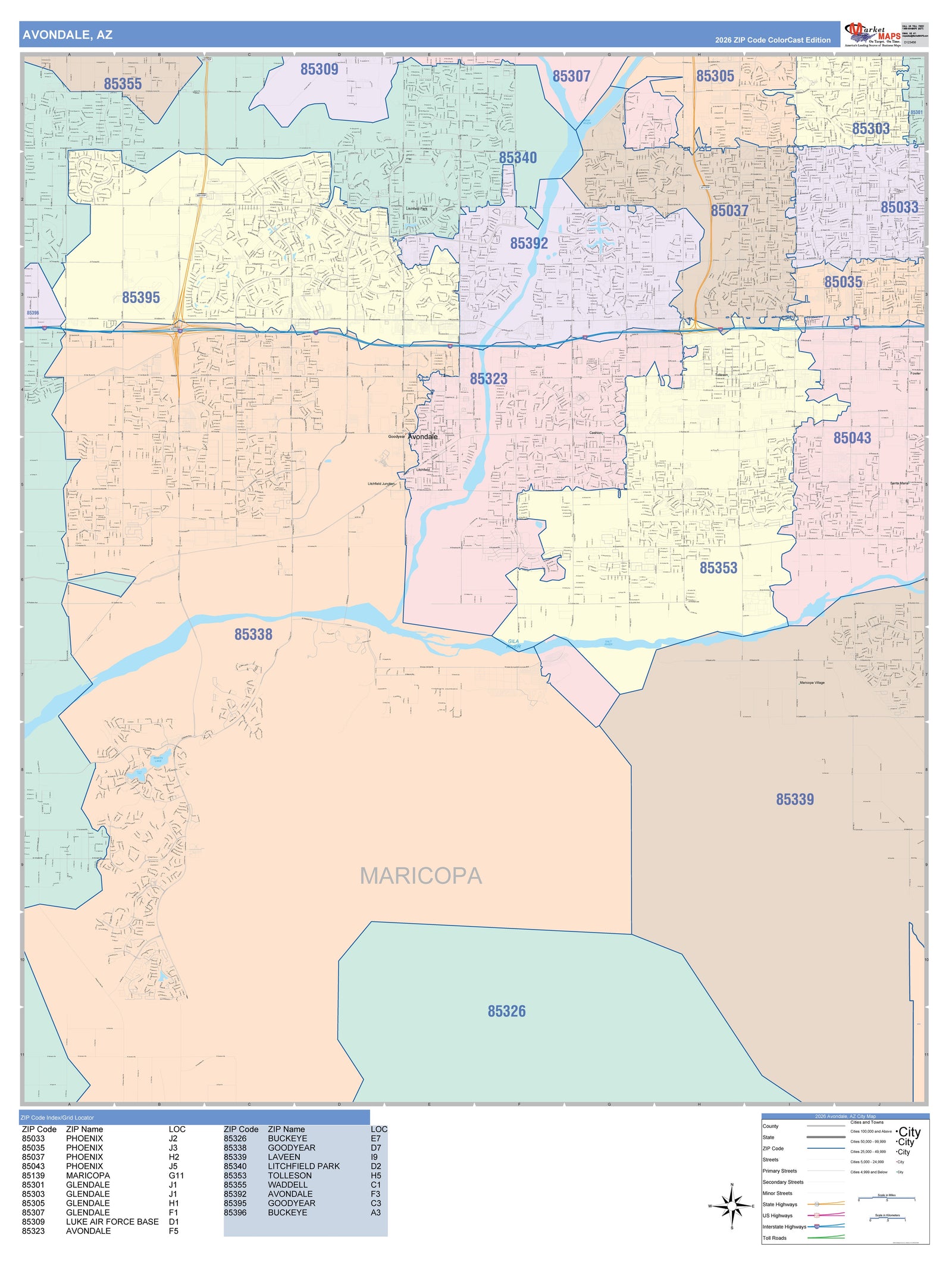 Color Cast Zip Code Style Wall Map of Avondale, AZ