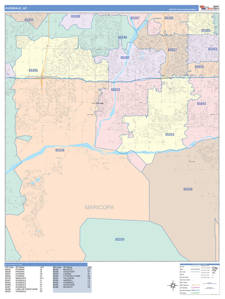 Color Cast Zip Code Style Wall Map of Avondale, AZ