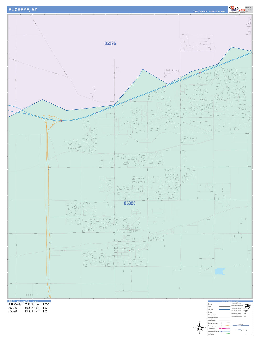 Color Cast Zip Code Style Wall Map of Buckeye, AZ