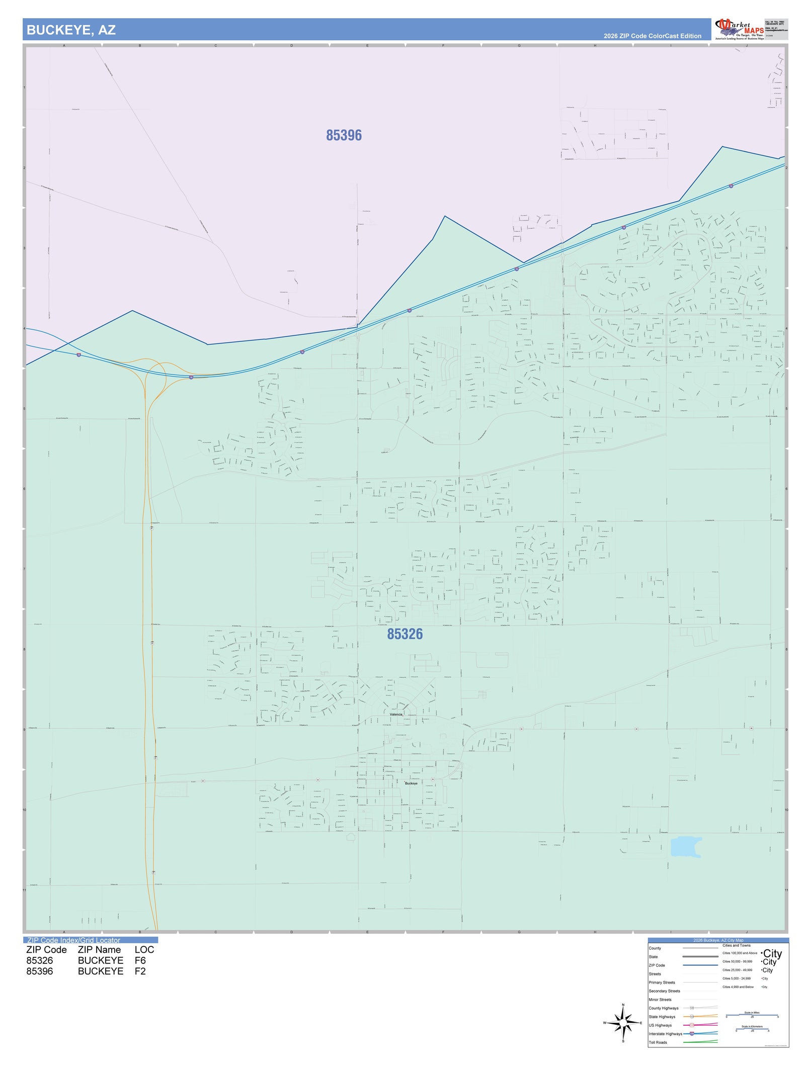 Color Cast Zip Code Style Wall Map of Buckeye, AZ