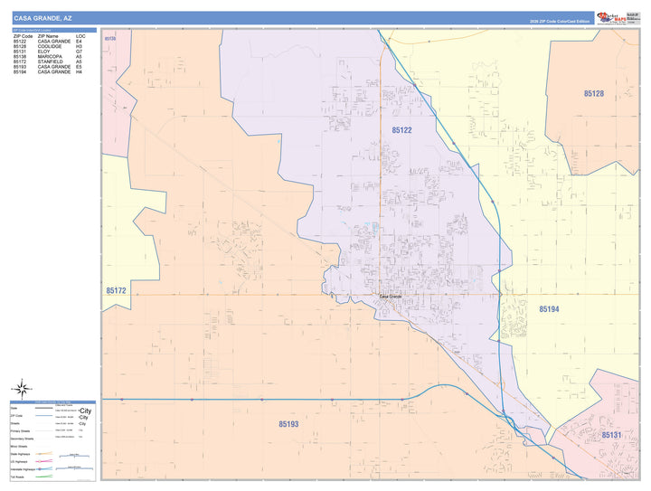 Color Cast Zip Code Style Wall Map of Casa Grande, AZ