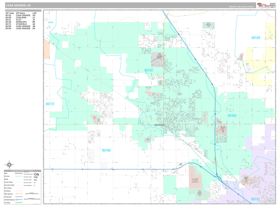 Premium Style Wall Map of Casa Grande, AZ