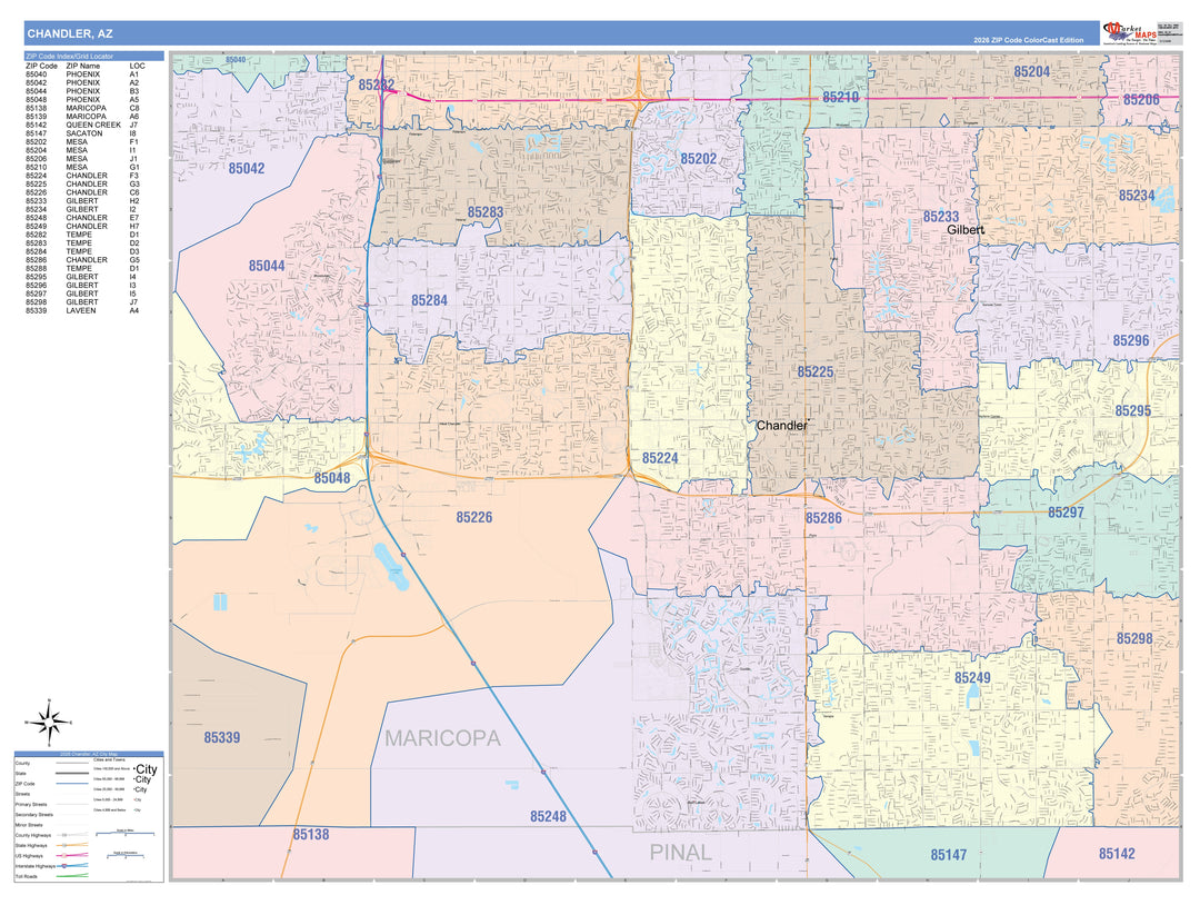 Color Cast Zip Code Style Wall Map of Chandler, AZ