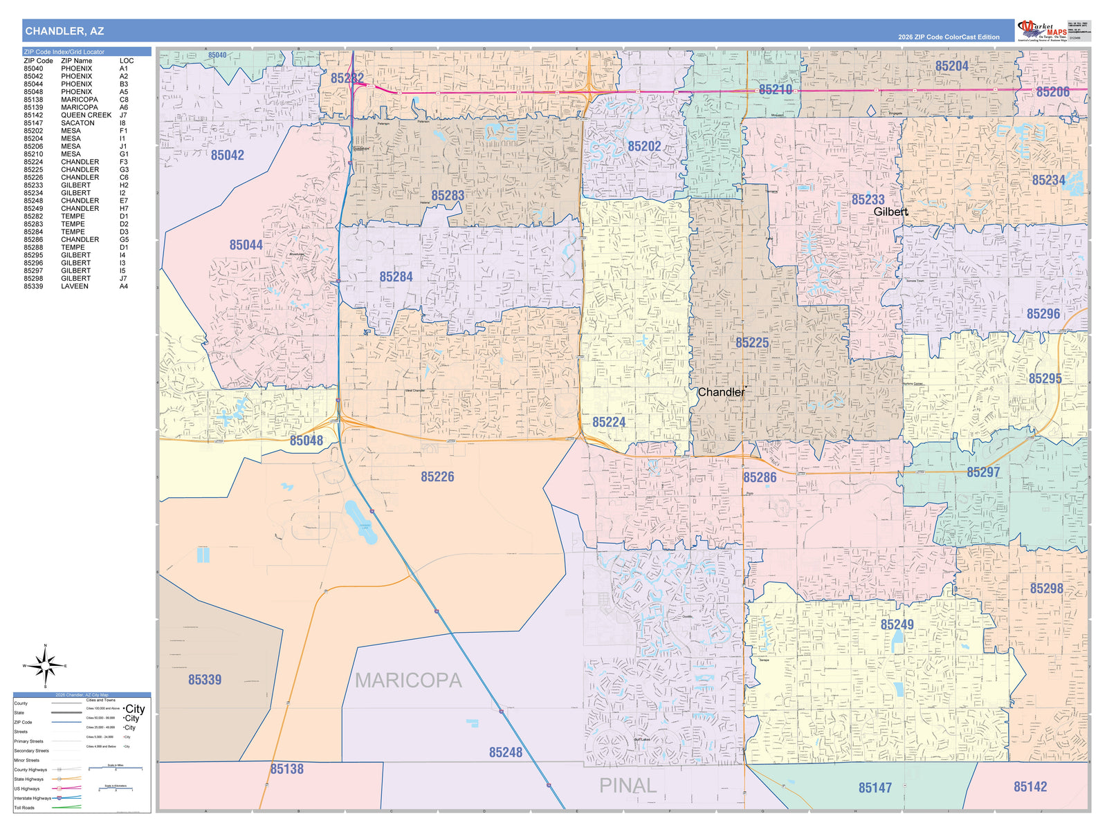 Color Cast Zip Code Style Wall Map of Chandler, AZ
