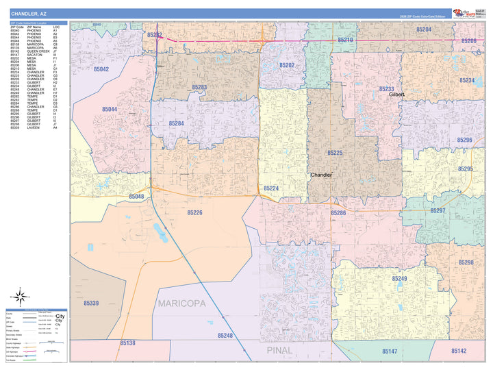 Color Cast Zip Code Style Wall Map of Chandler, AZ