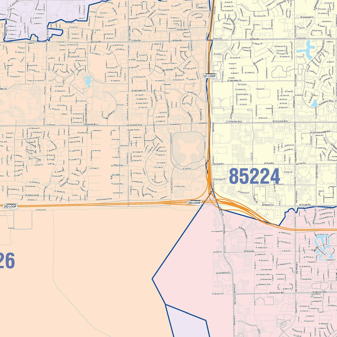 Color Cast Zip Code Style Wall Map of Chandler, AZ