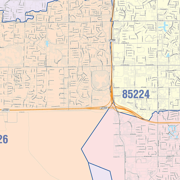 Color Cast Zip Code Style Wall Map of Chandler, AZ