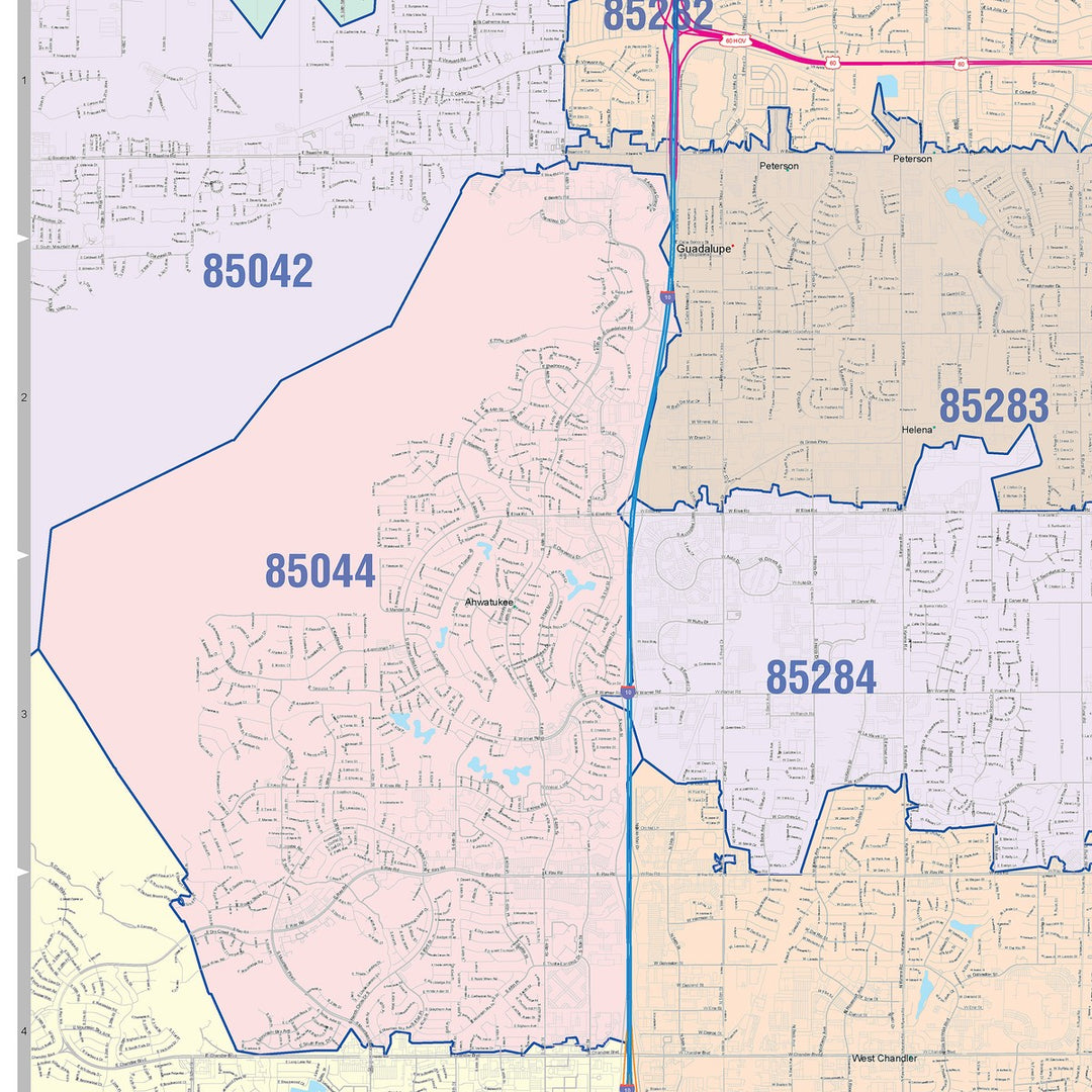 Color Cast Zip Code Style Wall Map of Chandler, AZ