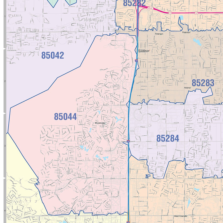Color Cast Zip Code Style Wall Map of Chandler, AZ