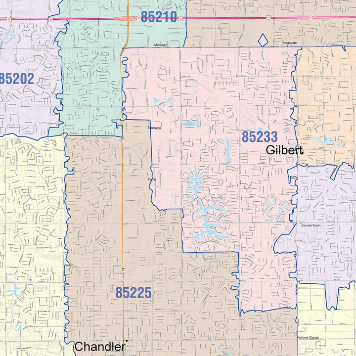 Color Cast Zip Code Style Wall Map of Chandler, AZ