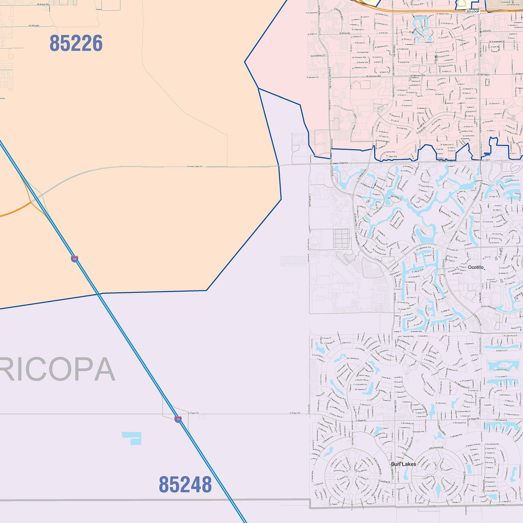 Color Cast Zip Code Style Wall Map of Chandler, AZ