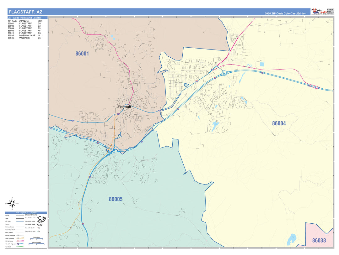 Color Cast Zip Code Style Wall Map of Flagstaff, AZ