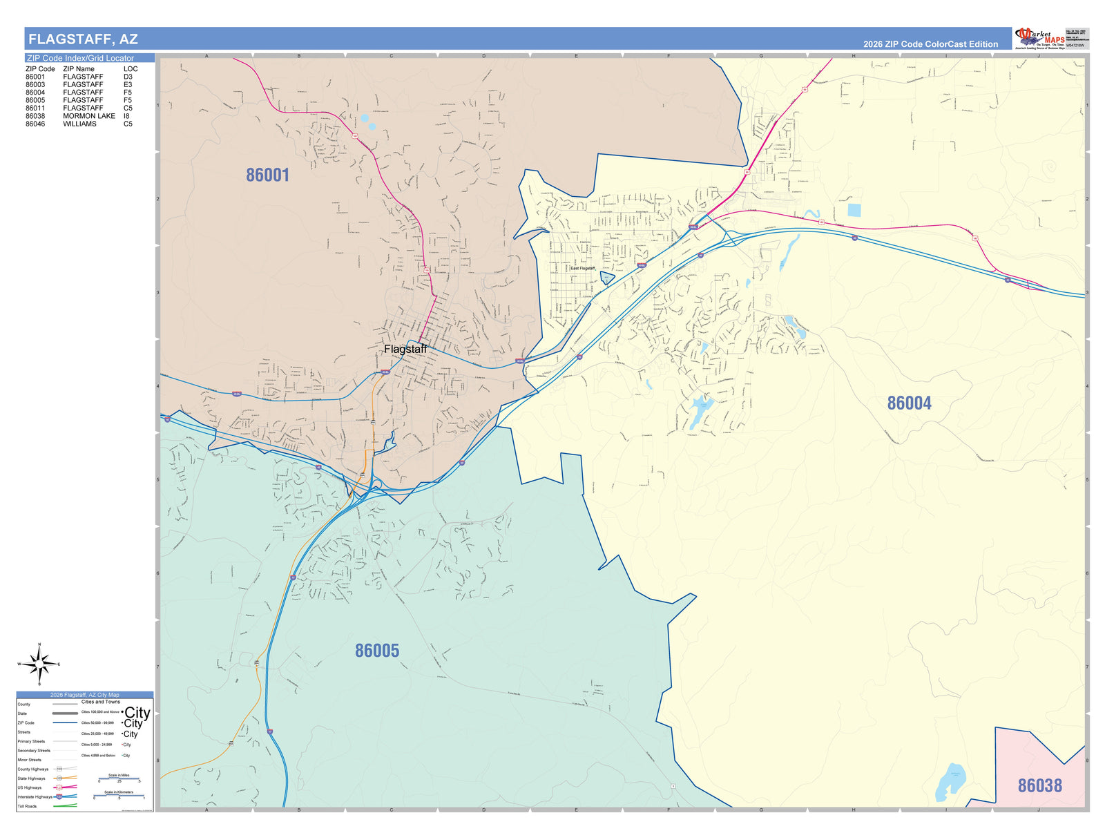 Color Cast Zip Code Style Wall Map of Flagstaff, AZ