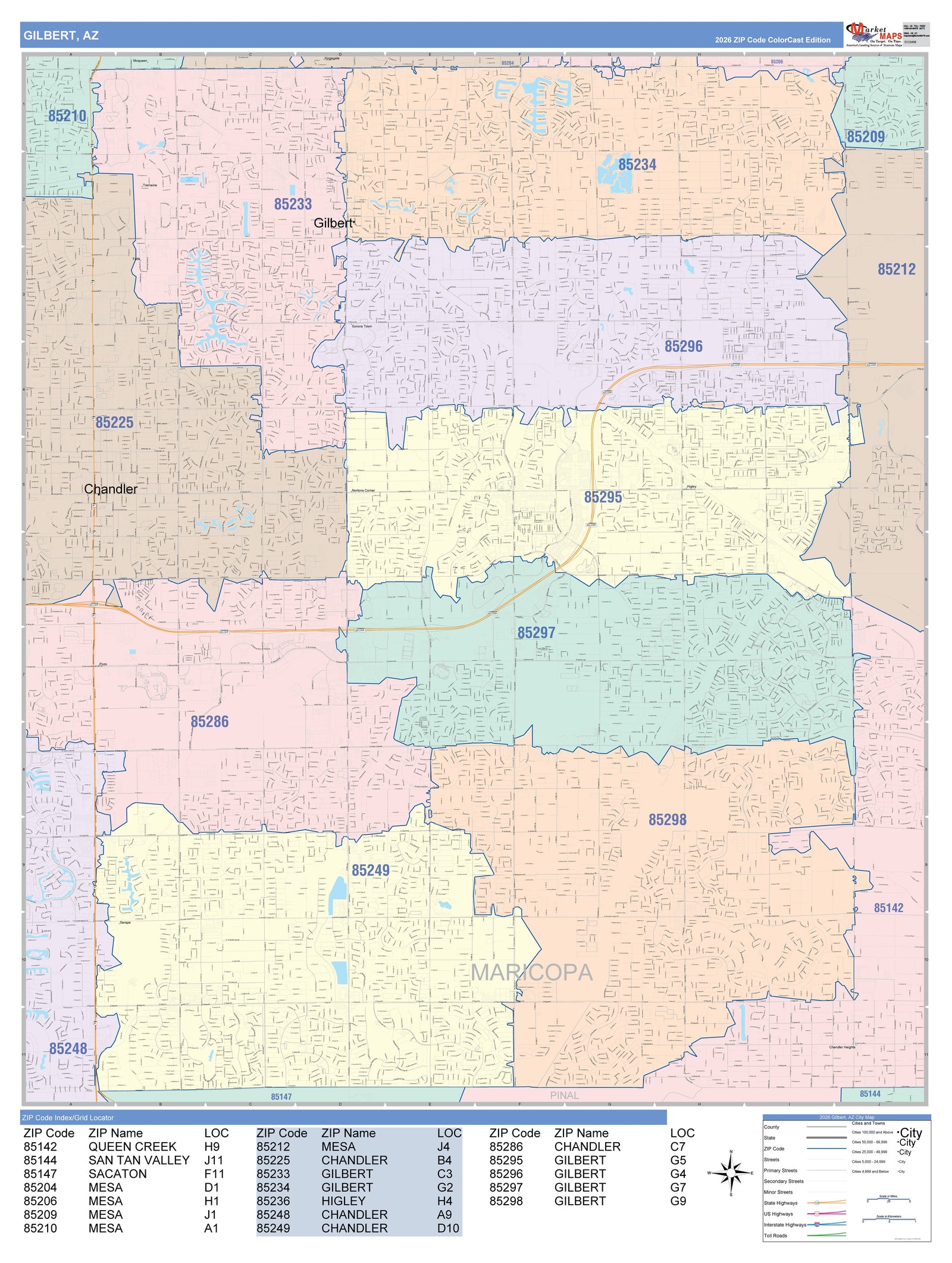 Color Cast Zip Code Style Wall Map of Gilbert, AZ