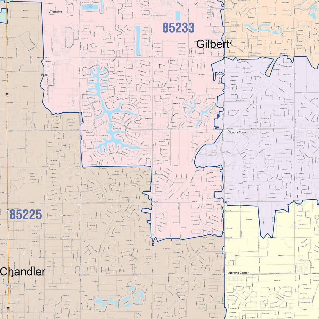 Color Cast Zip Code Style Wall Map of Gilbert, AZ