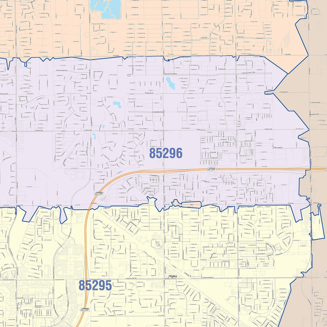 Color Cast Zip Code Style Wall Map of Gilbert, AZ