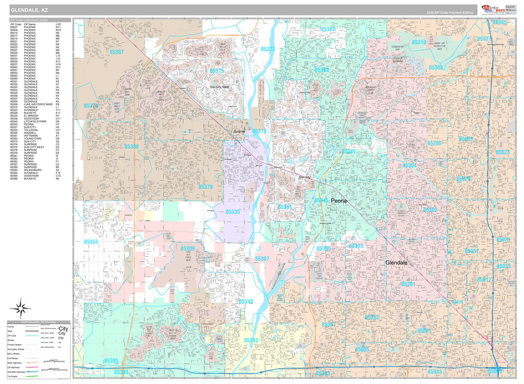 Premium Style Wall Map of Glendale AZ