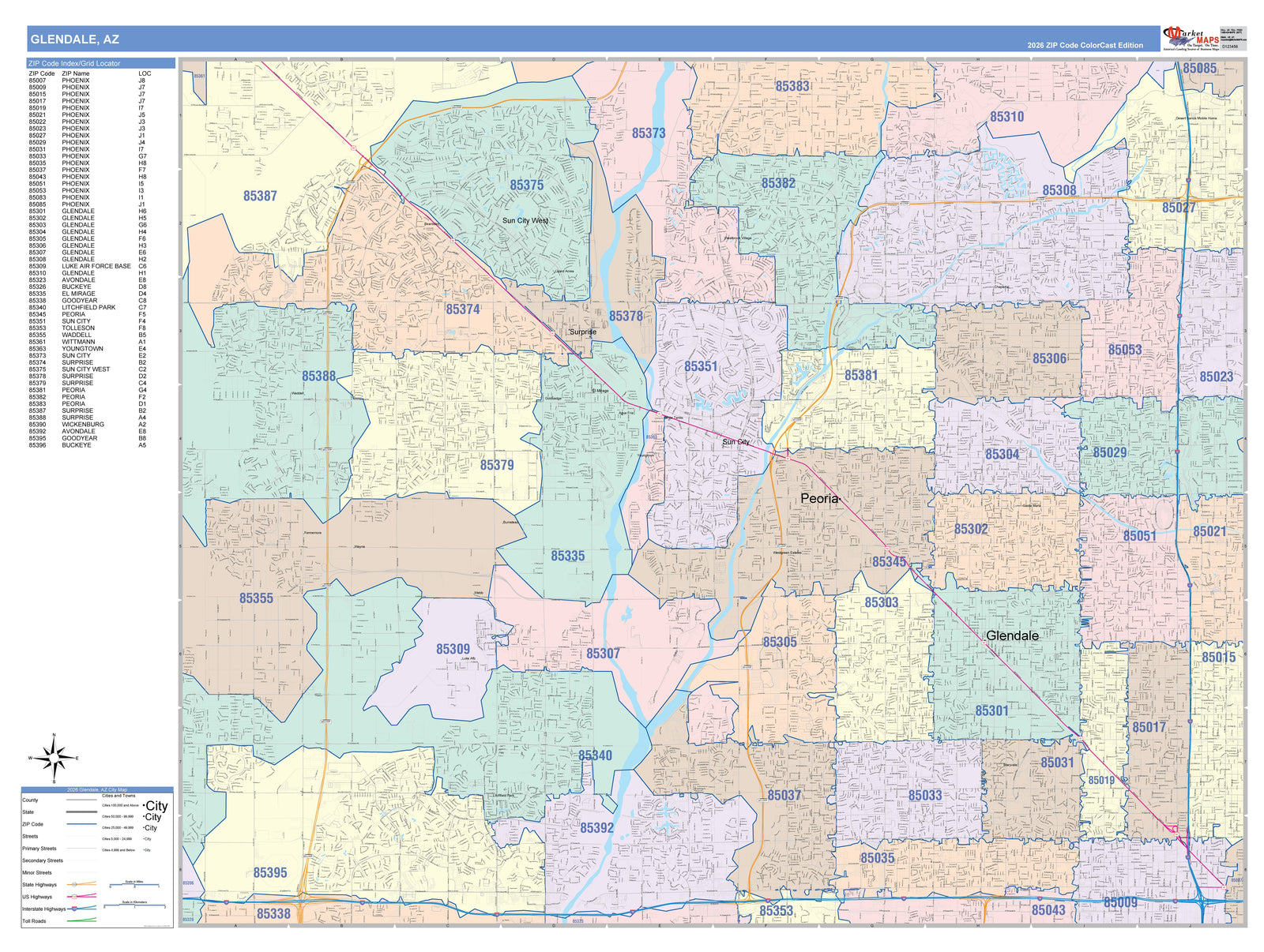 Color Cast Zip Code Style Wall Map of Glendale, AZ