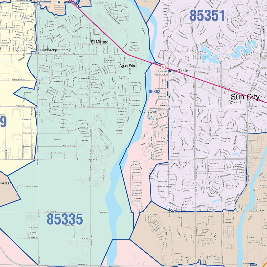 Color Cast Zip Code Style Wall Map of Glendale, AZ