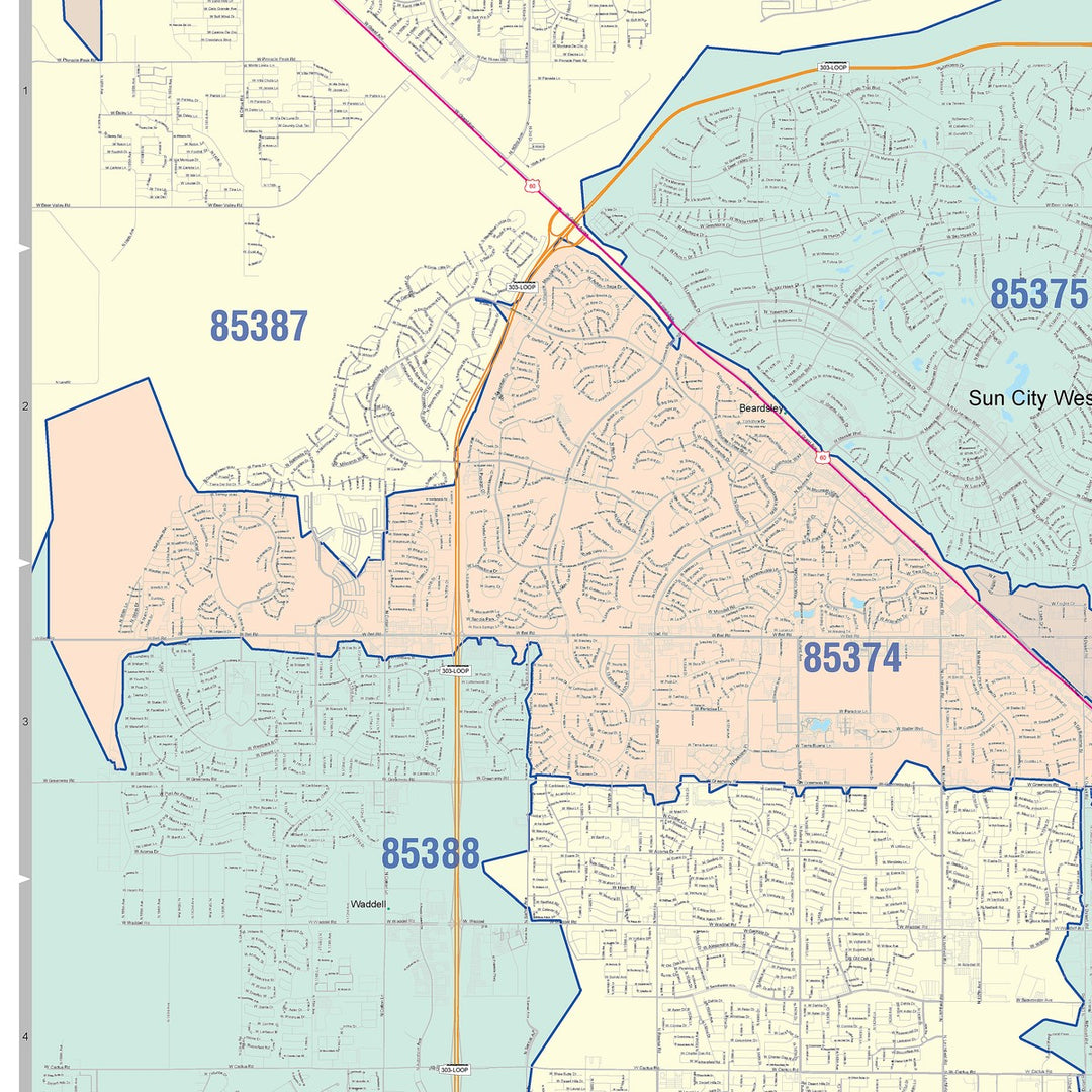 Color Cast Zip Code Style Wall Map of Glendale, AZ