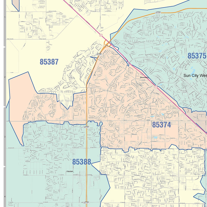 Color Cast Zip Code Style Wall Map of Glendale, AZ