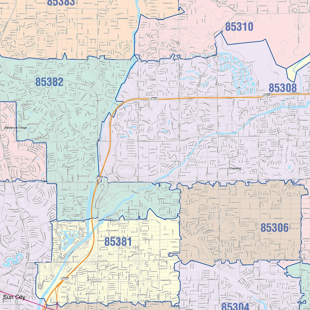 Color Cast Zip Code Style Wall Map of Glendale, AZ