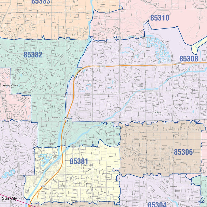 Color Cast Zip Code Style Wall Map of Glendale, AZ