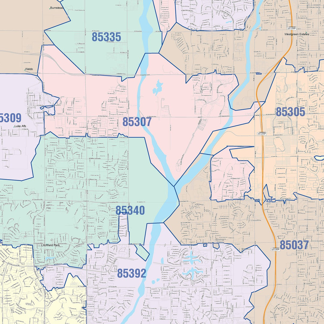 Color Cast Zip Code Style Wall Map of Glendale, AZ