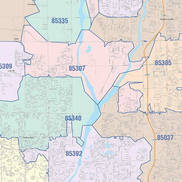 Color Cast Zip Code Style Wall Map of Glendale, AZ