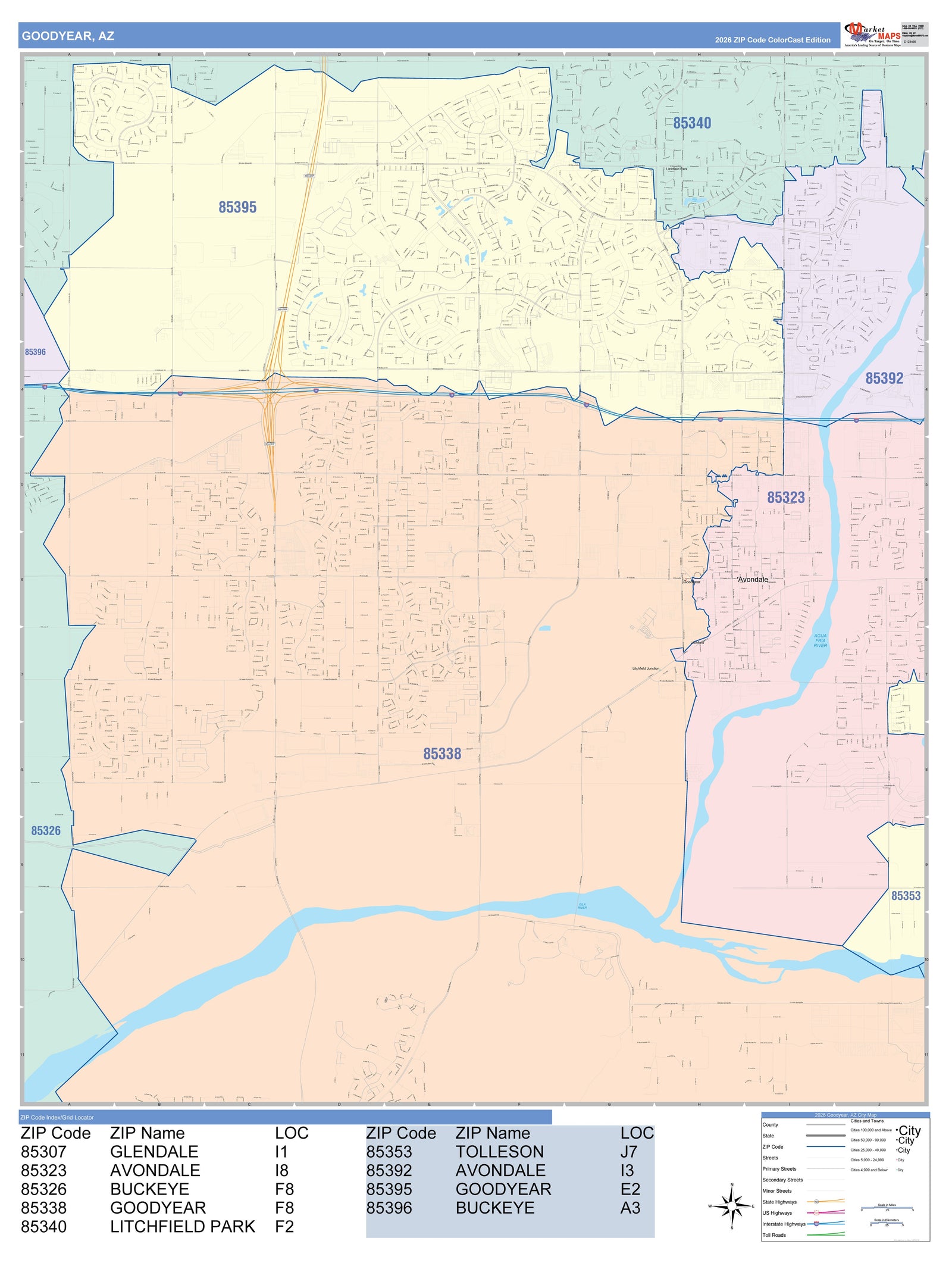 Color Cast Zip Code Style Wall Map of Goodyear, AZ
