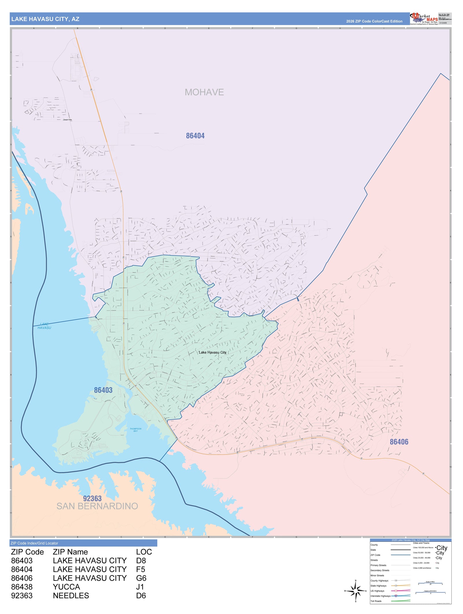 Color Cast Zip Code Style Wall Map of Lake Havasu City, AZ