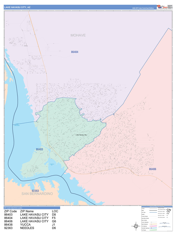 Color Cast Zip Code Style Wall Map of Lake Havasu City, AZ