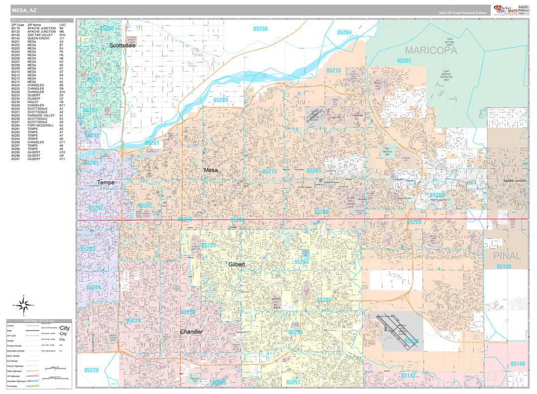 Premium Style Wall Map of Mesa AZ