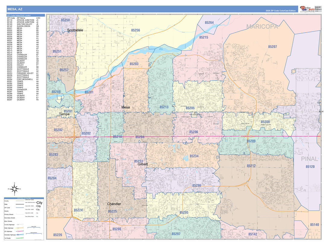 Color Cast Zip Code Style Wall Map of Mesa, AZ