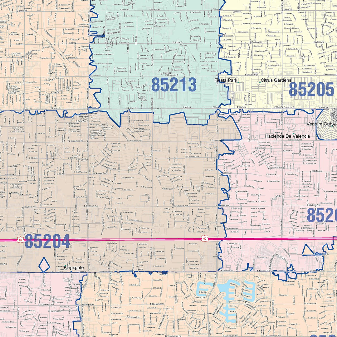 Color Cast Zip Code Style Wall Map of Mesa, AZ