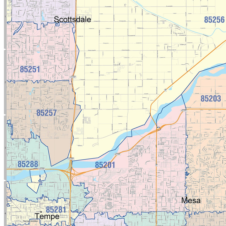Color Cast Zip Code Style Wall Map of Mesa, AZ