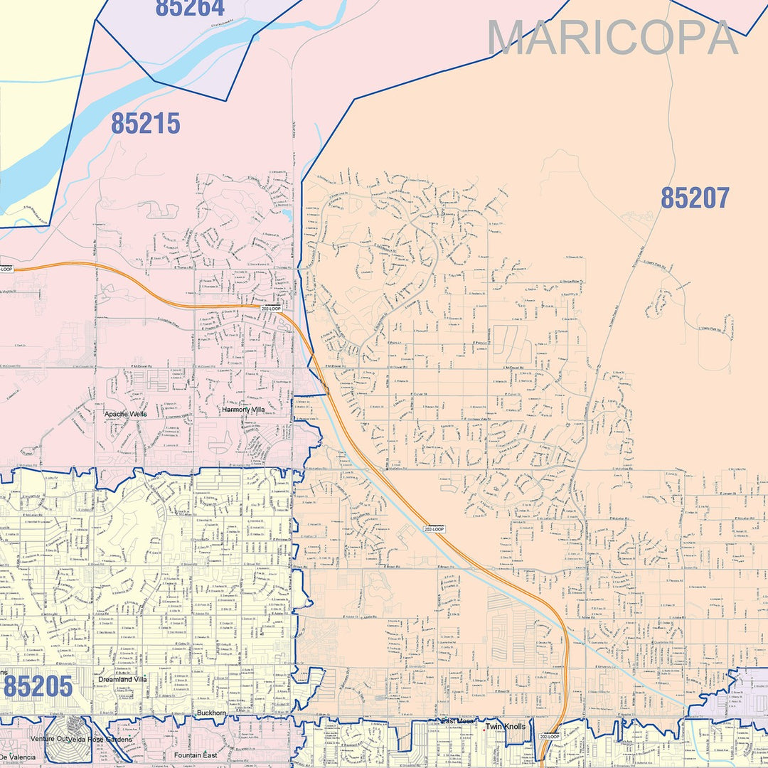 Color Cast Zip Code Style Wall Map of Mesa, AZ