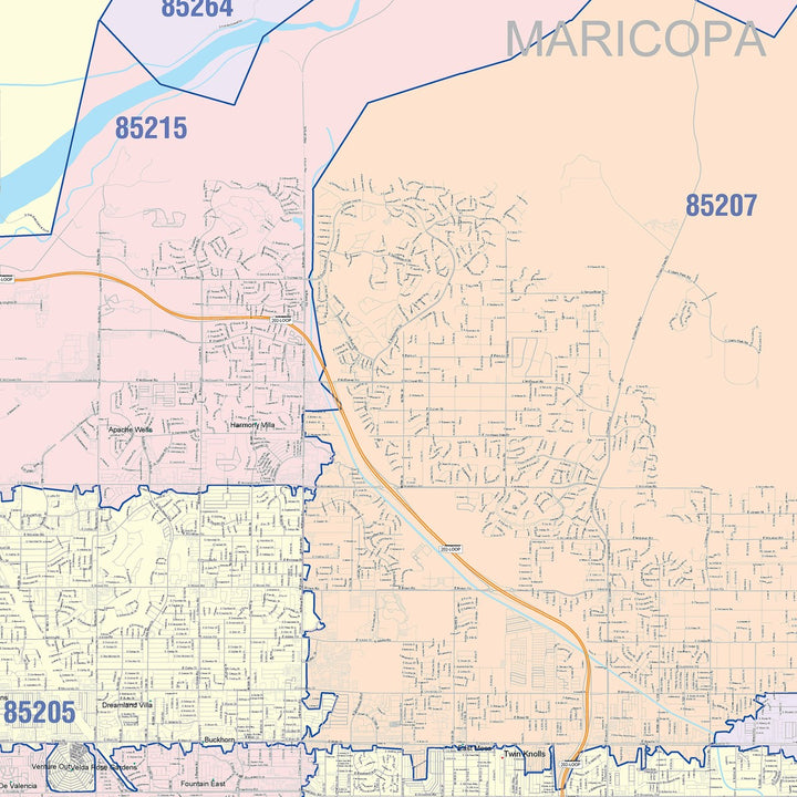 Color Cast Zip Code Style Wall Map of Mesa, AZ