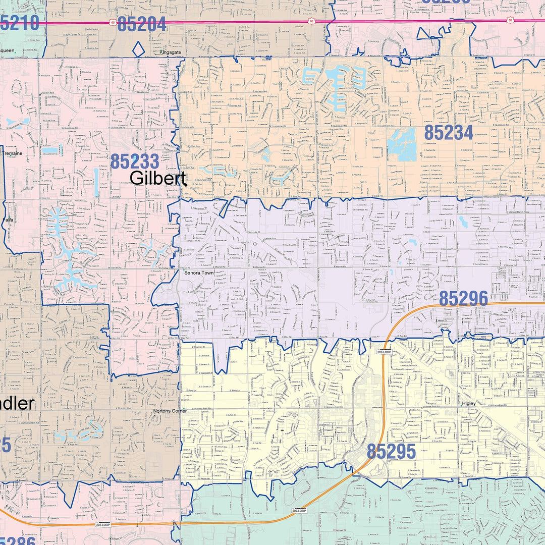 Color Cast Zip Code Style Wall Map of Mesa, AZ
