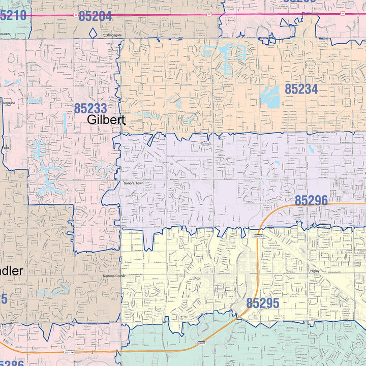 Color Cast Zip Code Style Wall Map of Mesa, AZ