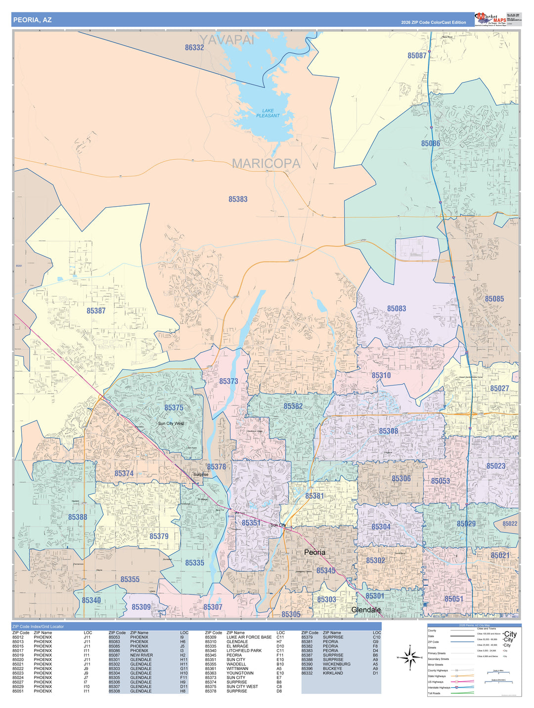 Color Cast Zip Code Style Wall Map of Peoria, AZ