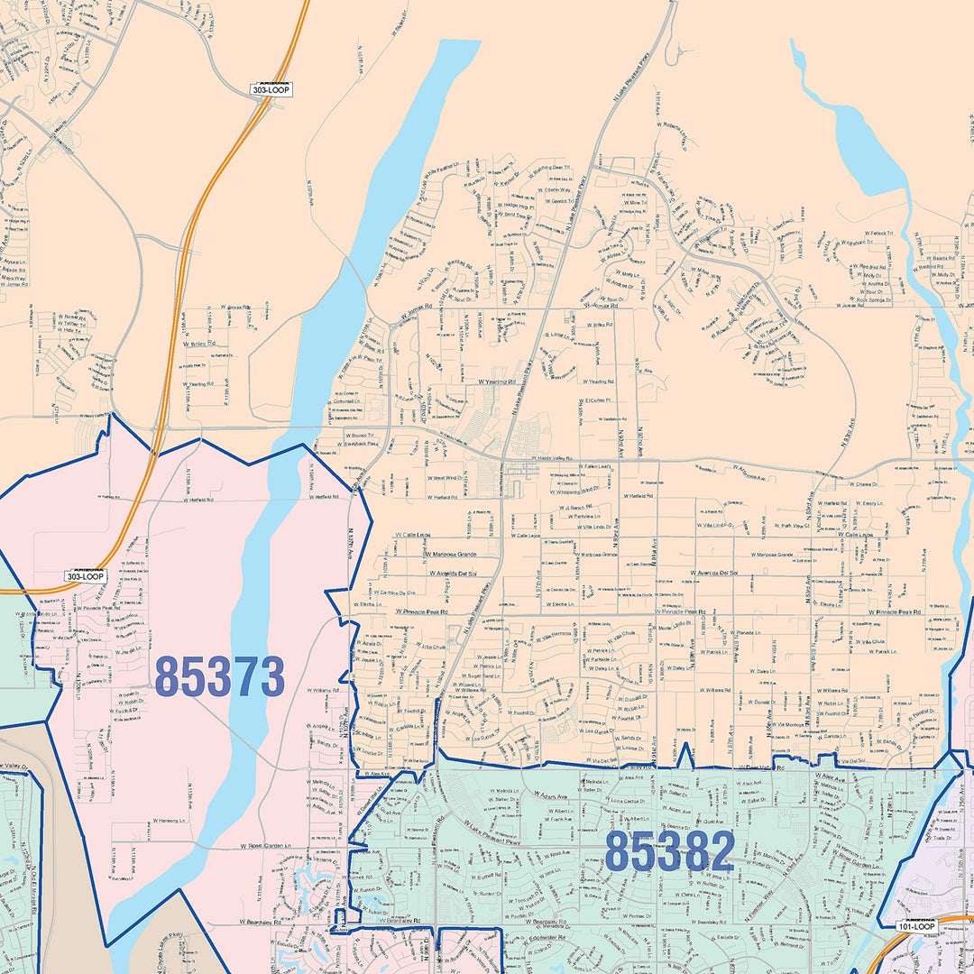 Color Cast Zip Code Style Wall Map of Peoria, AZ